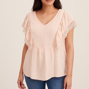 Bunulu Blush Pink Lace Ruffle Sleeve Peasant Blouse Women’s Size M NWT